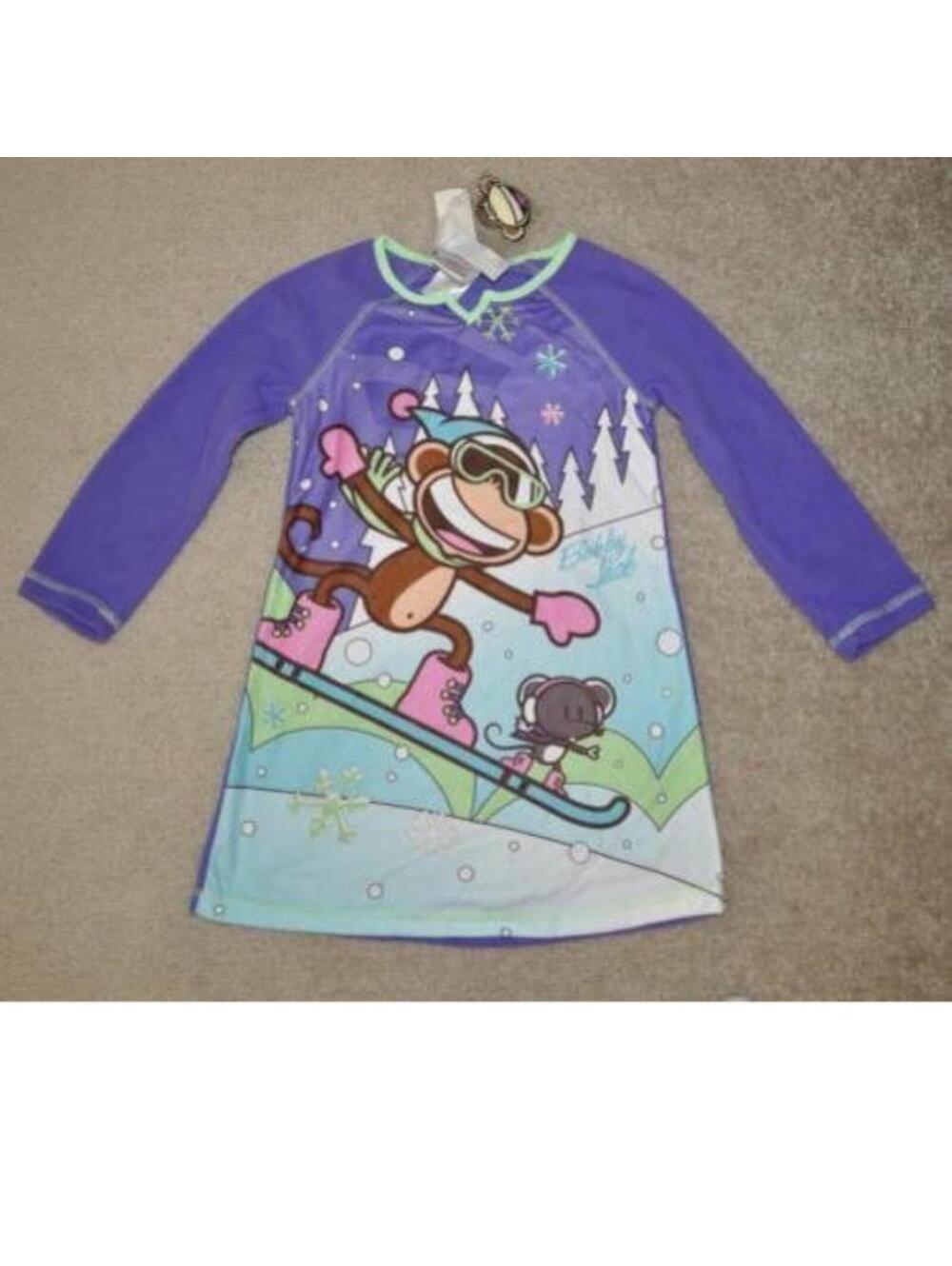 Bobby Jack Monkey Snowboard Nightgown 4/6 Girls Purple Long Sleeve Fleece & Toy
